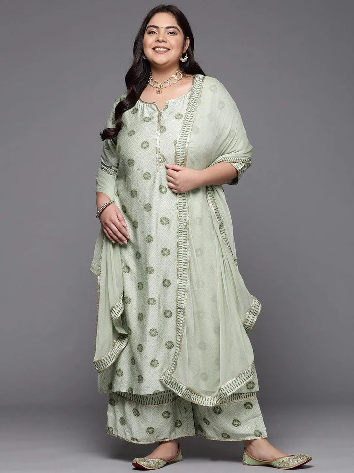 Plus Size Green Printed Silk Blend Straight Suit Set - Libas