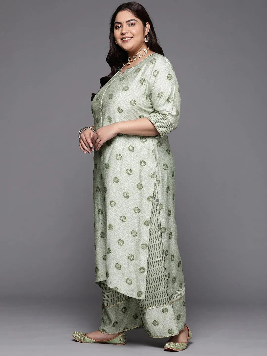 Plus Size Green Printed Silk Blend Straight Suit Set - Libas 