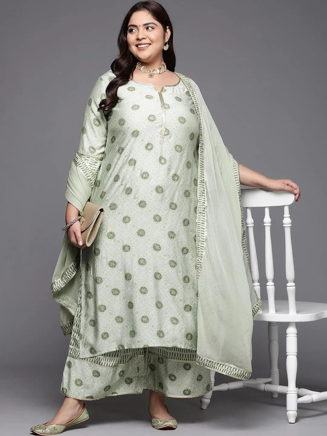 Plus Size Green Printed Silk Blend Straight Suit Set - Libas 