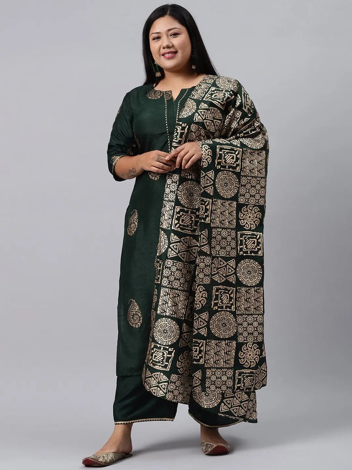 Plus Size Green Printed Silk Blend Suit Set - Libas