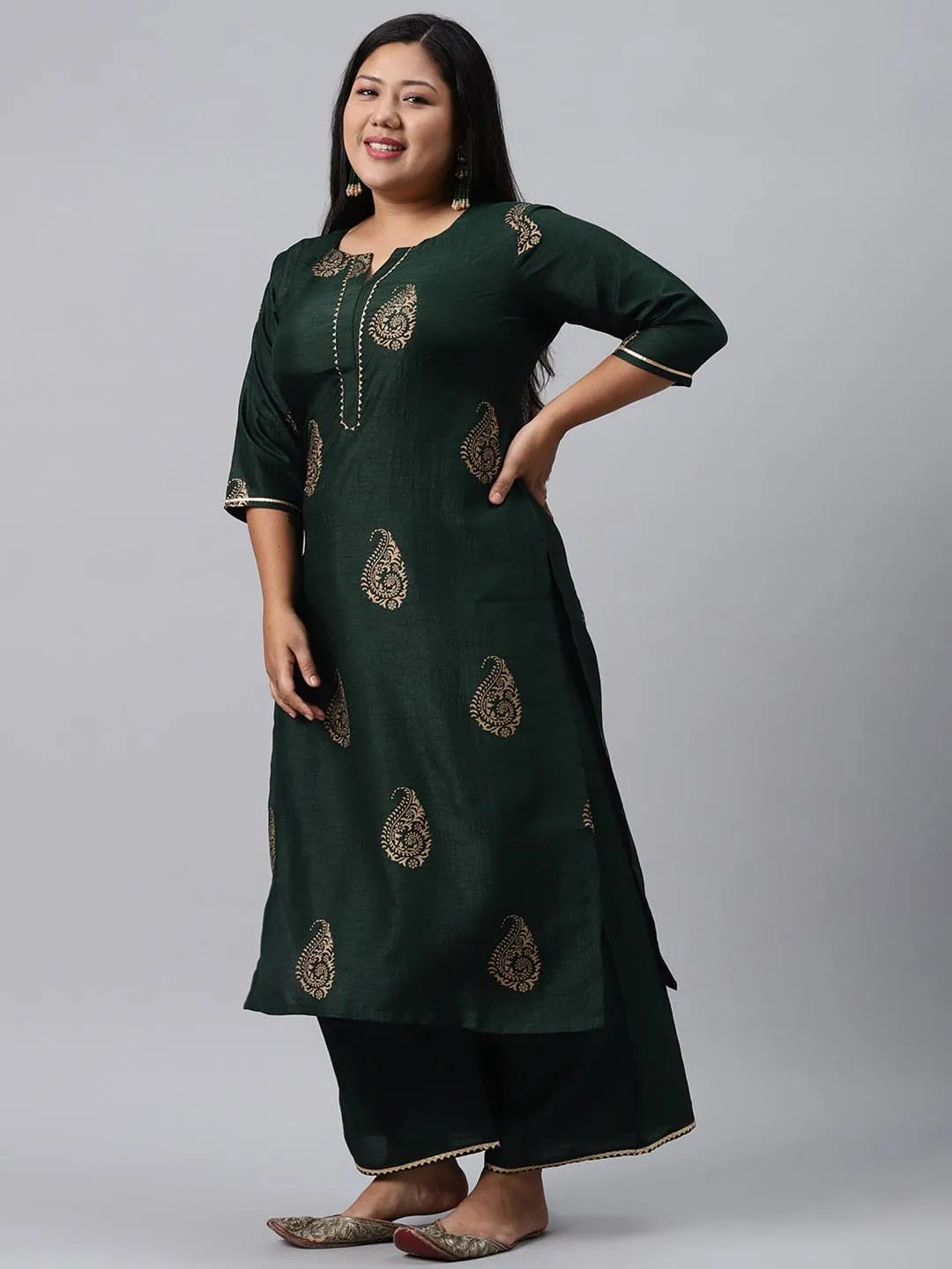 Plus Size Green Printed Silk Blend Suit Set - Libas