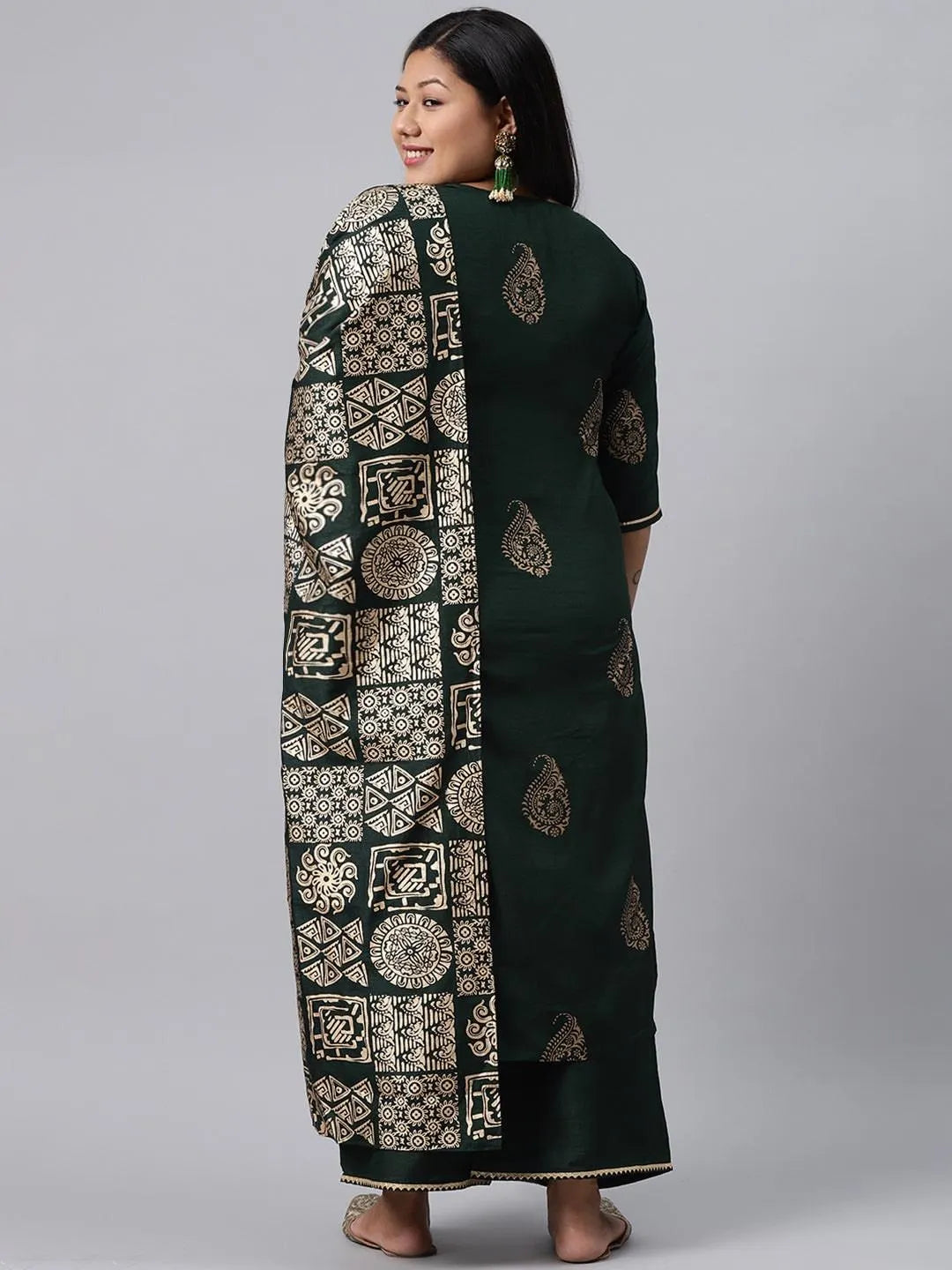 Plus Size Green Printed Silk Blend Suit Set - Libas 