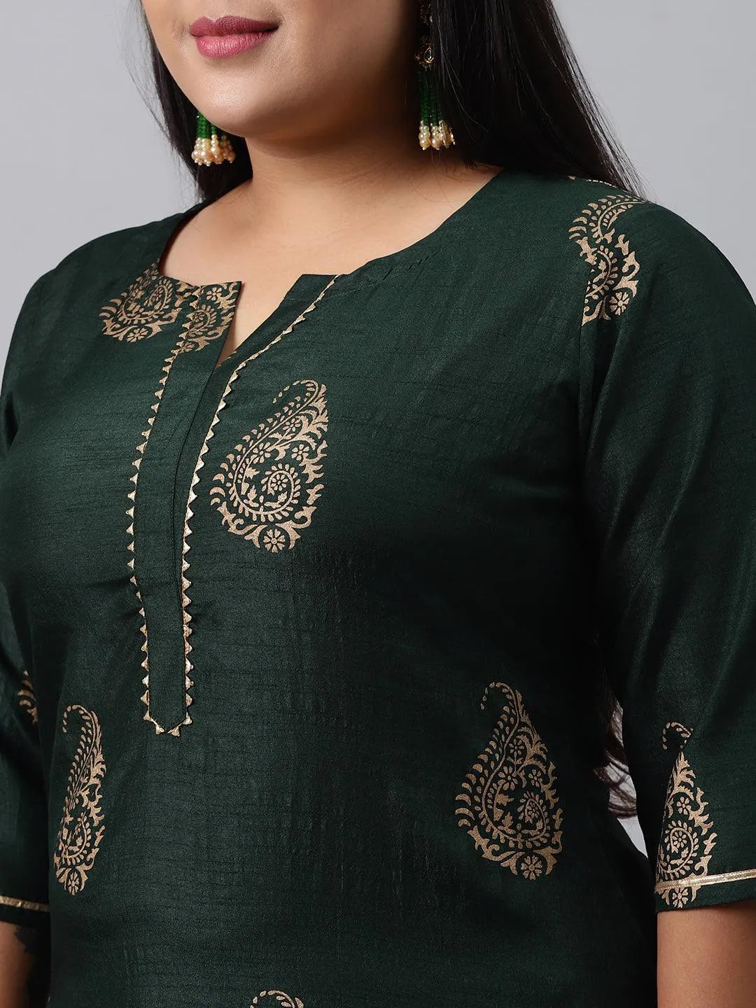 Plus Size Green Printed Silk Blend Suit Set - Libas 