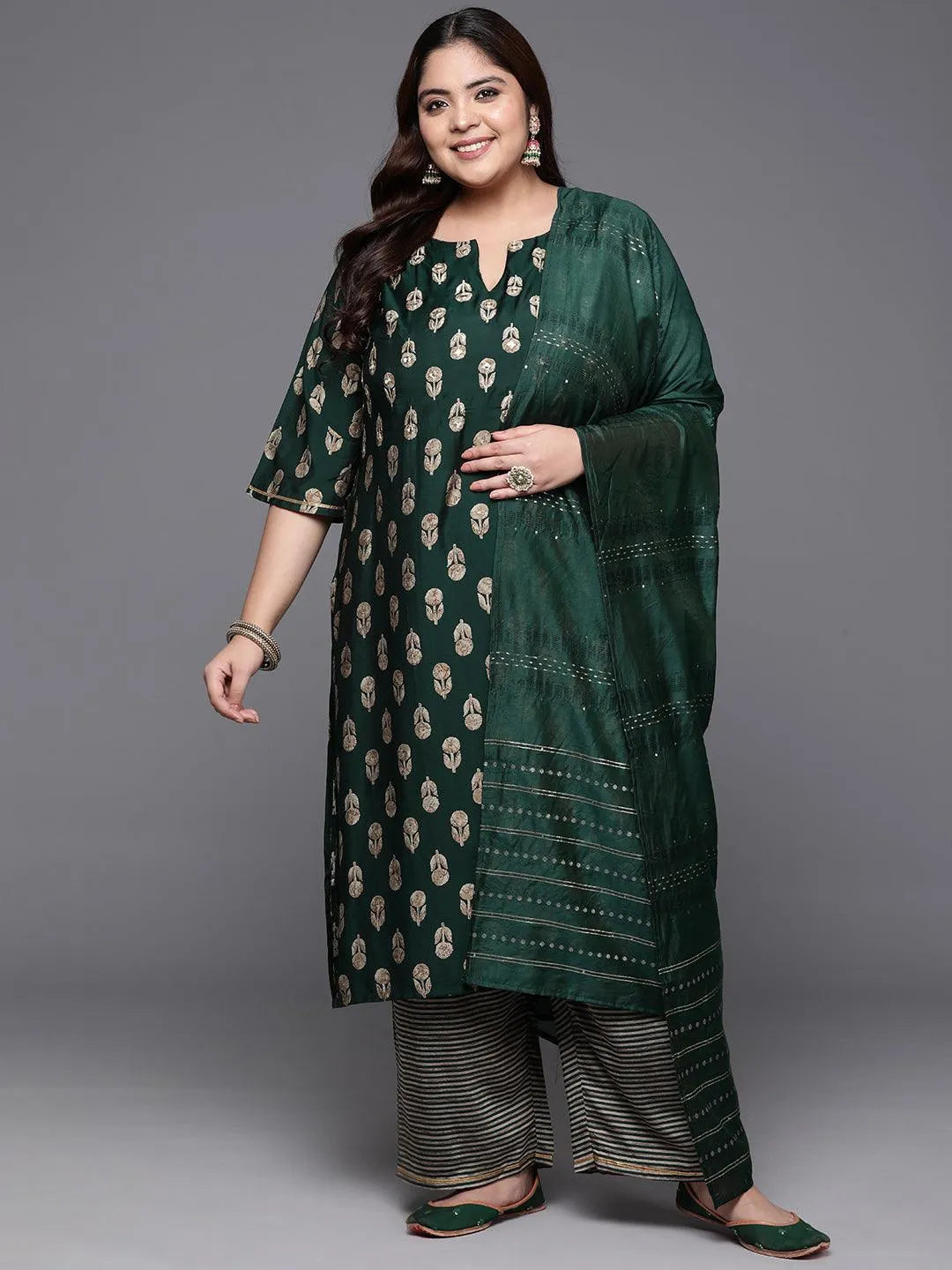 Plus Size Green Printed Silk Blend Straight Kurta With Trousers & Dupatta - Libas