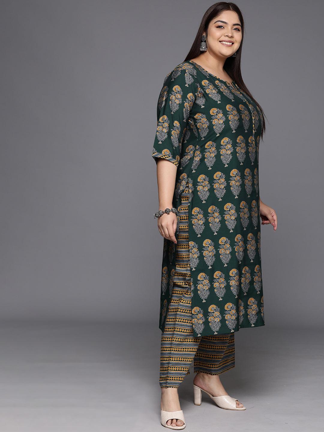 Plus Size Green Printed Silk Blend Straight Kurta With Trousers & Dupatta - Libas