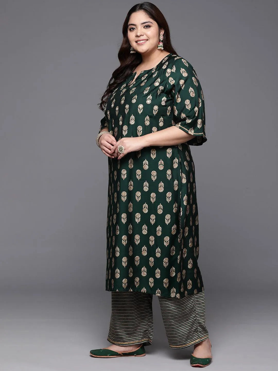 Plus Size Green Printed Silk Blend Straight Kurta With Trousers & Dupatta - Libas