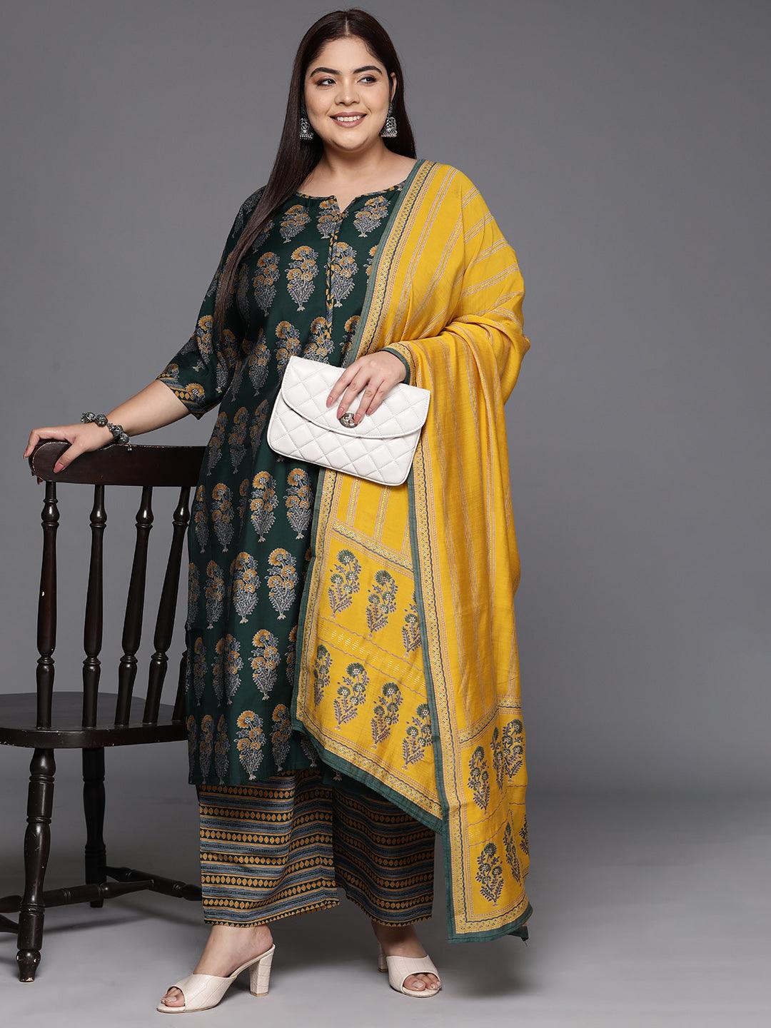 Plus Size Green Printed Silk Blend Straight Kurta With Trousers & Dupatta - Libas