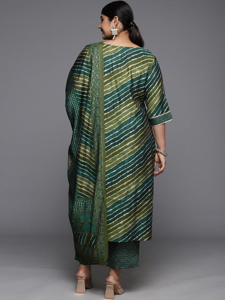 Plus Size Green Printed Silk Blend Straight Kurta With Trousers & Dupatta - Libas