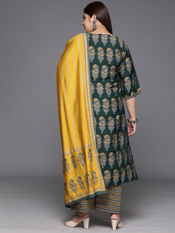 Plus Size Green Printed Silk Blend Straight Kurta With Trousers & Dupatta - Libas