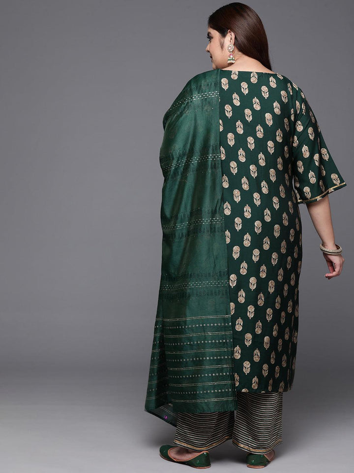 Plus Size Green Printed Silk Blend Straight Kurta With Trousers & Dupatta - Libas