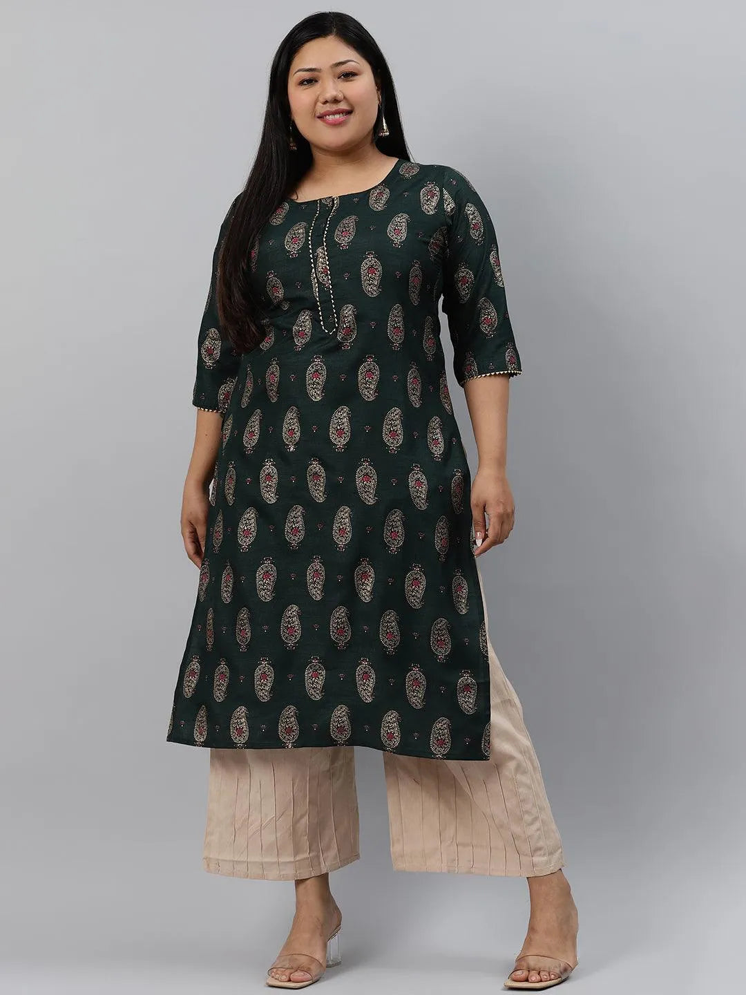 Plus Size Green Printed Silk Kurta - Libas 