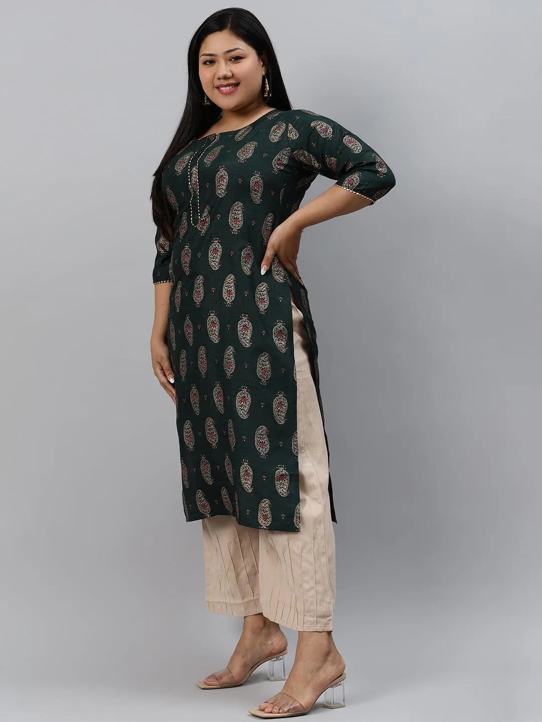 Plus Size Green Printed Silk Kurta - Libas 