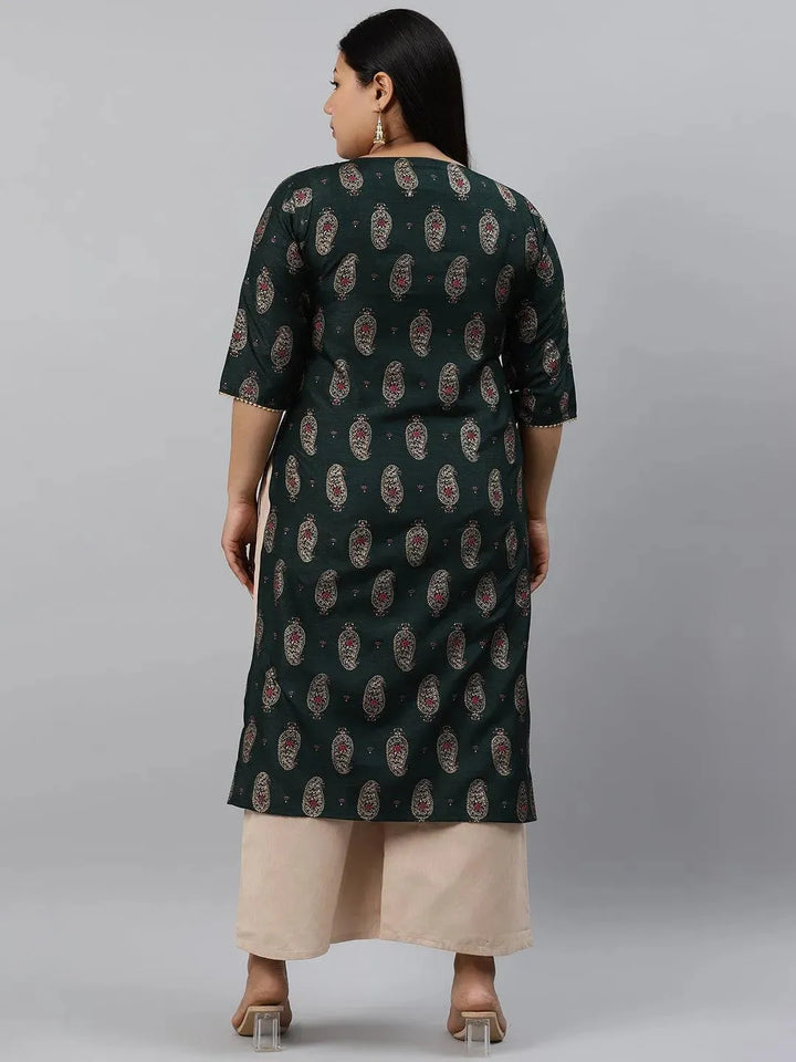 Plus Size Green Printed Silk Kurta - Libas