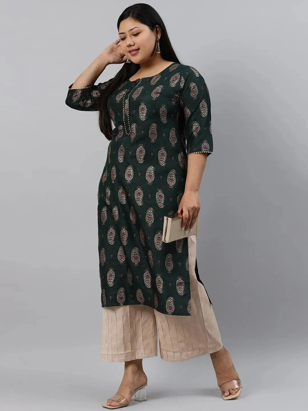 Plus Size Green Printed Silk Kurta - Libas