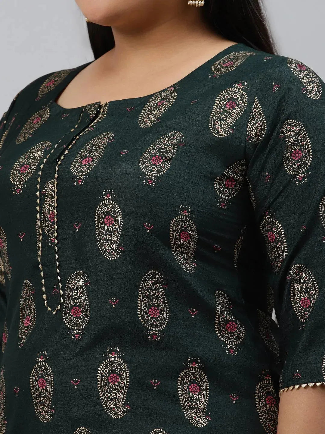 Plus Size Green Printed Silk Kurta - Libas 