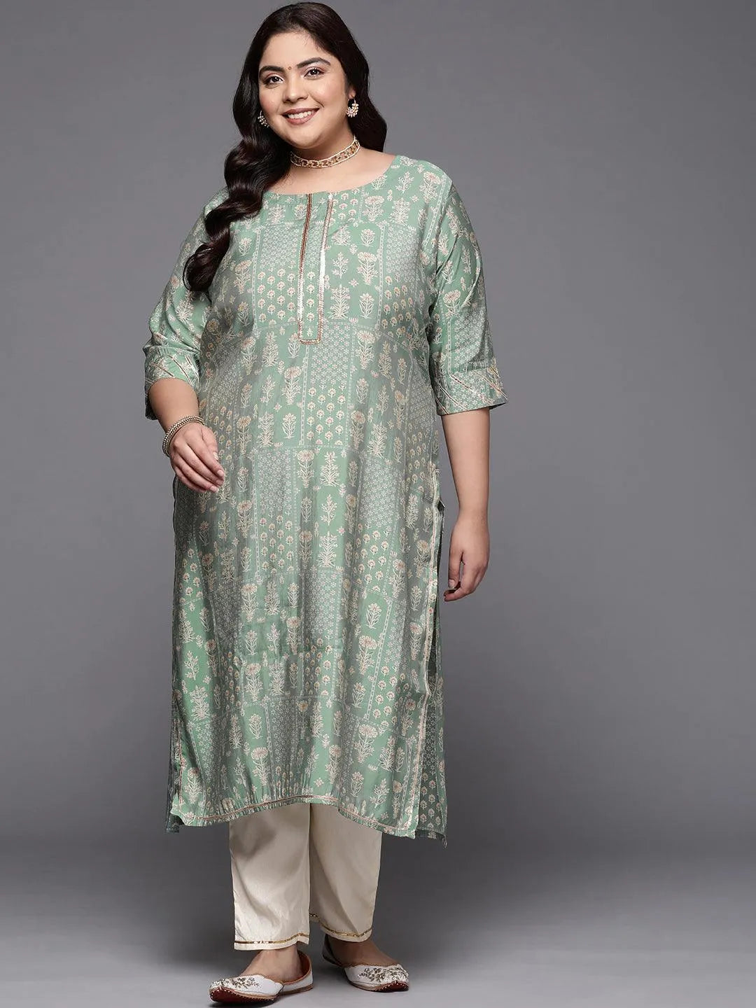 Plus Size Green Printed Silk Straight Kurta - Libas