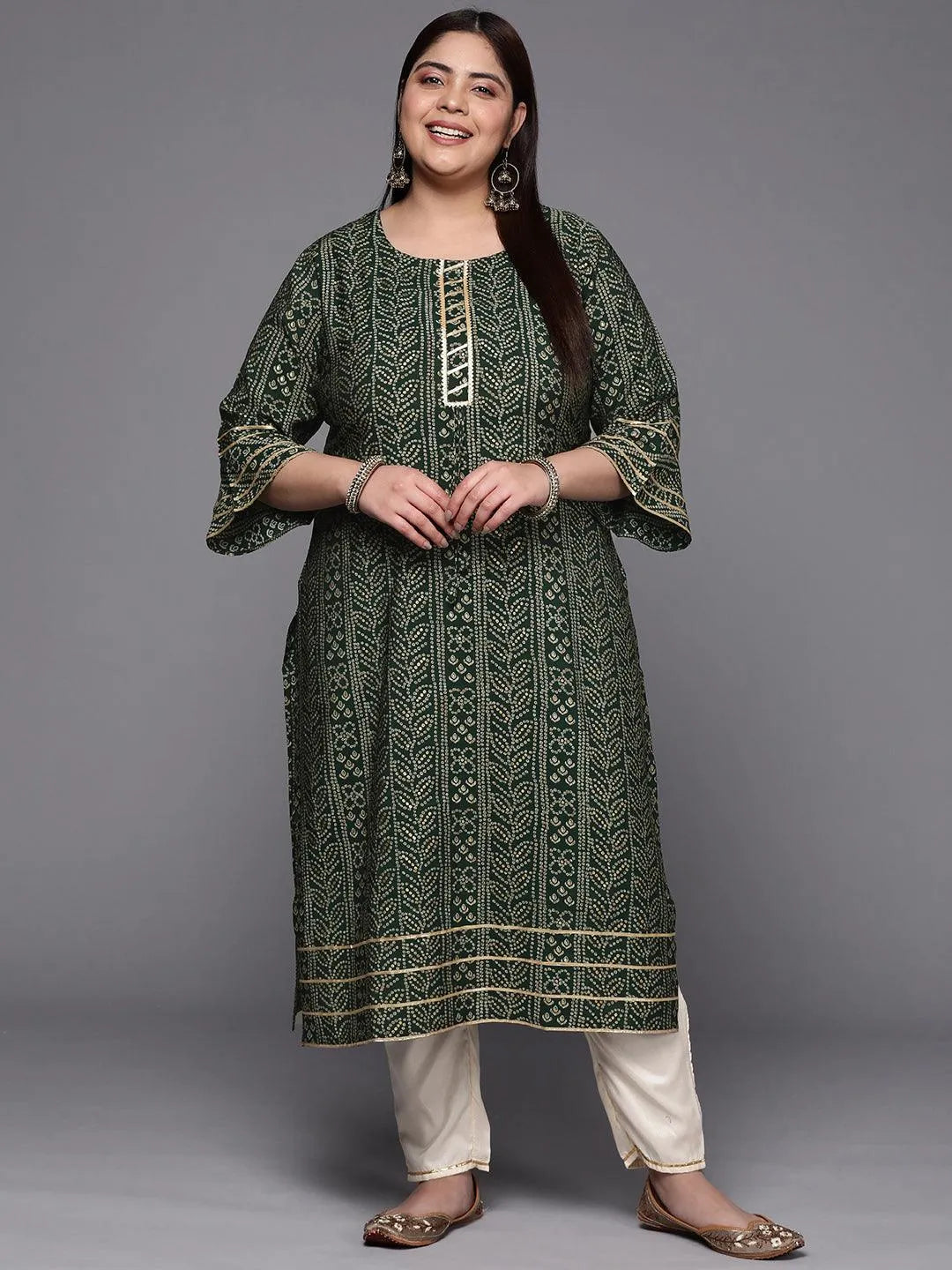 Plus Size Green Printed Silk Straight Kurta - Libas