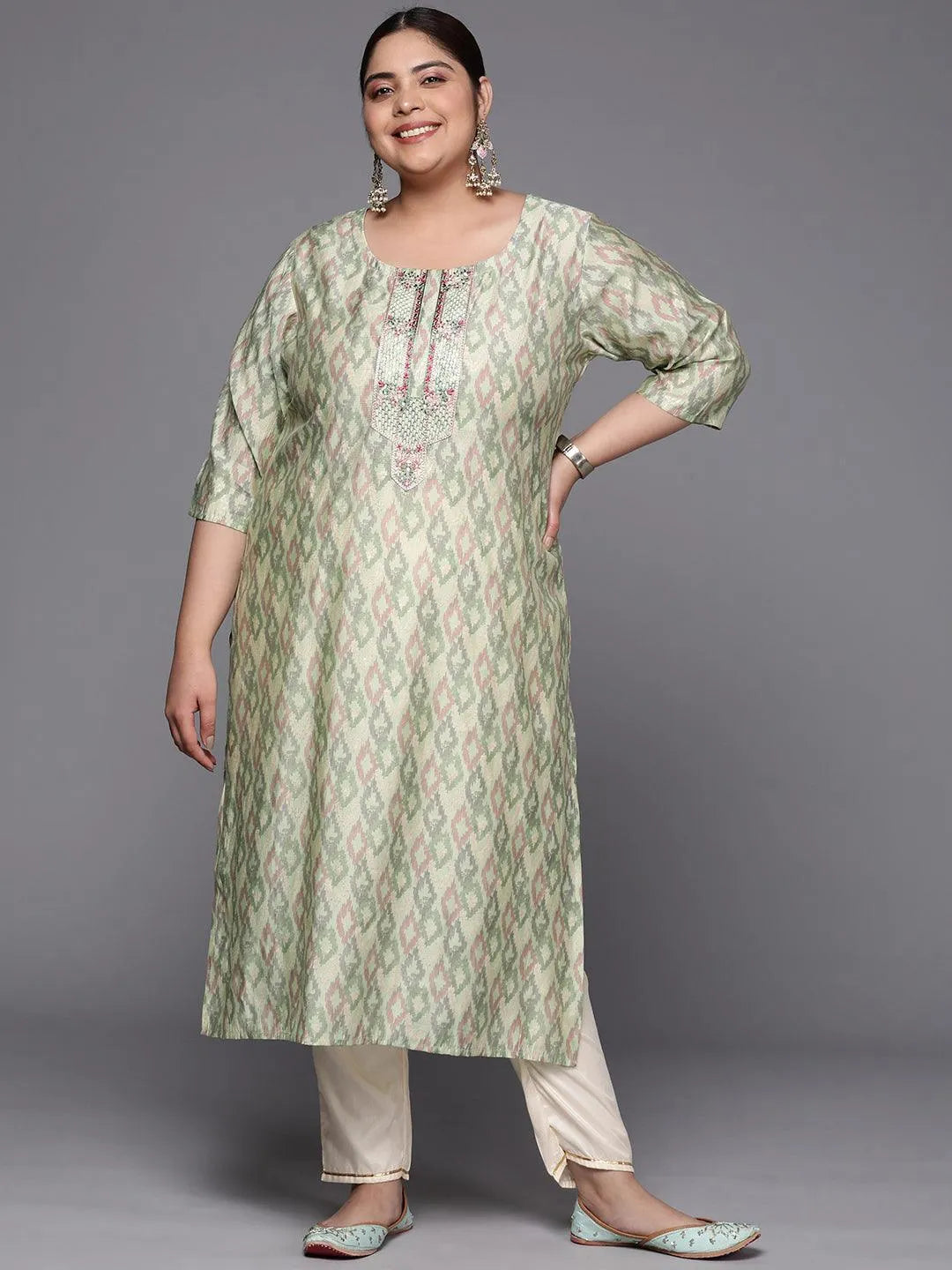 Plus Size Green Printed Silk Straight Kurta - Libas