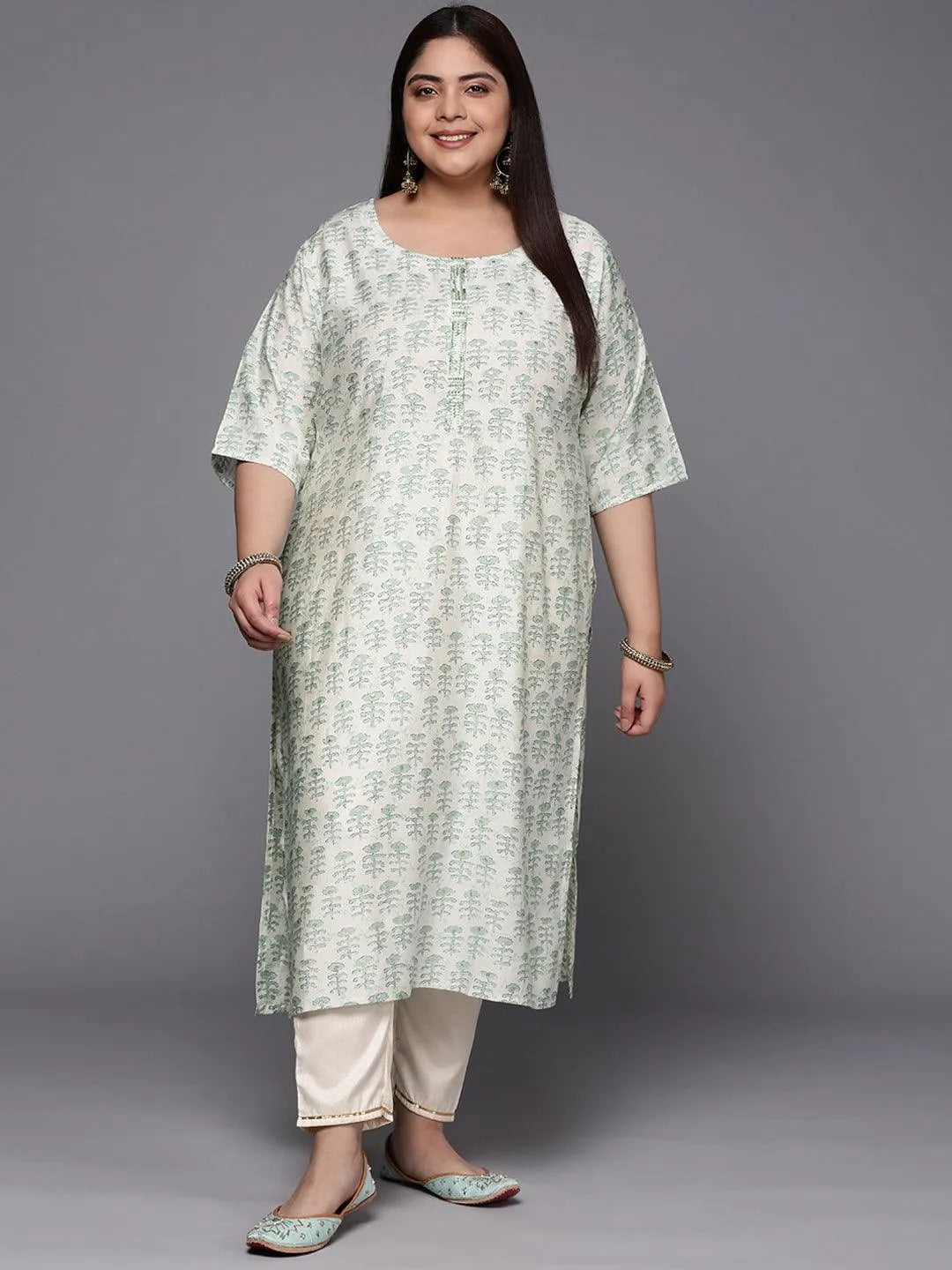 Plus Size Green Printed Silk Straight Kurta - Libas