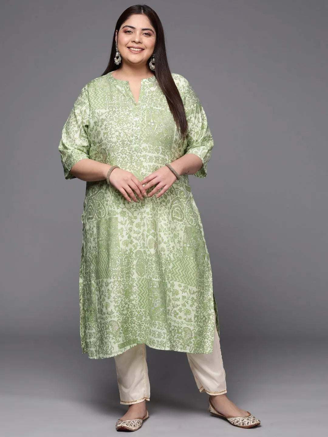 Plus Size Green Printed Silk Straight Kurta - Libas