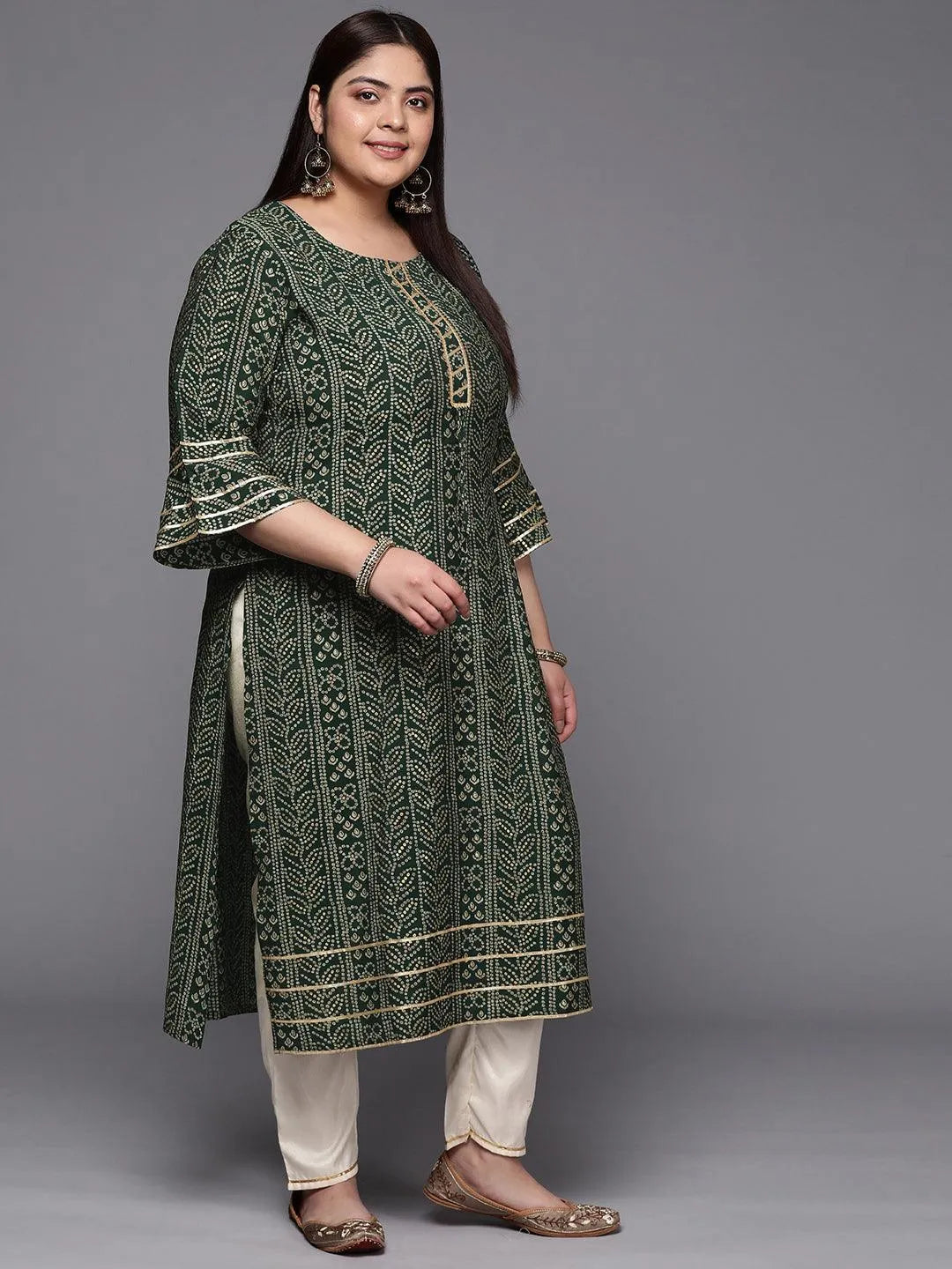 Plus Size Green Printed Silk Straight Kurta - Libas