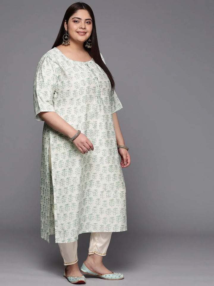 Plus Size Green Printed Silk Straight Kurta - Libas