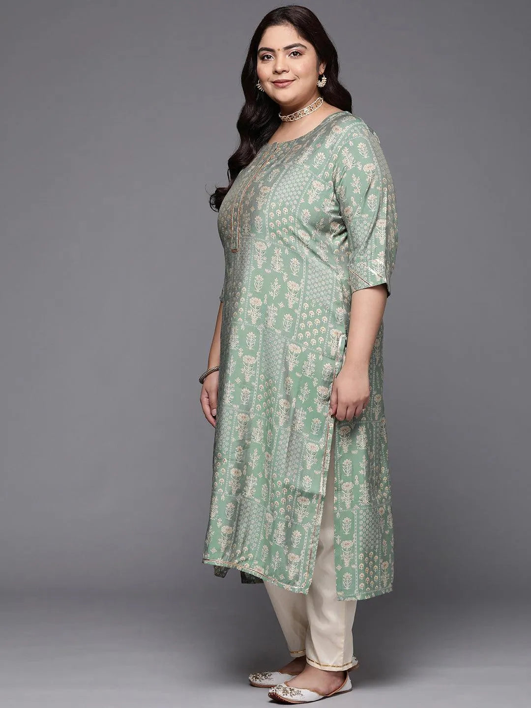 Plus Size Green Printed Silk Straight Kurta - Libas