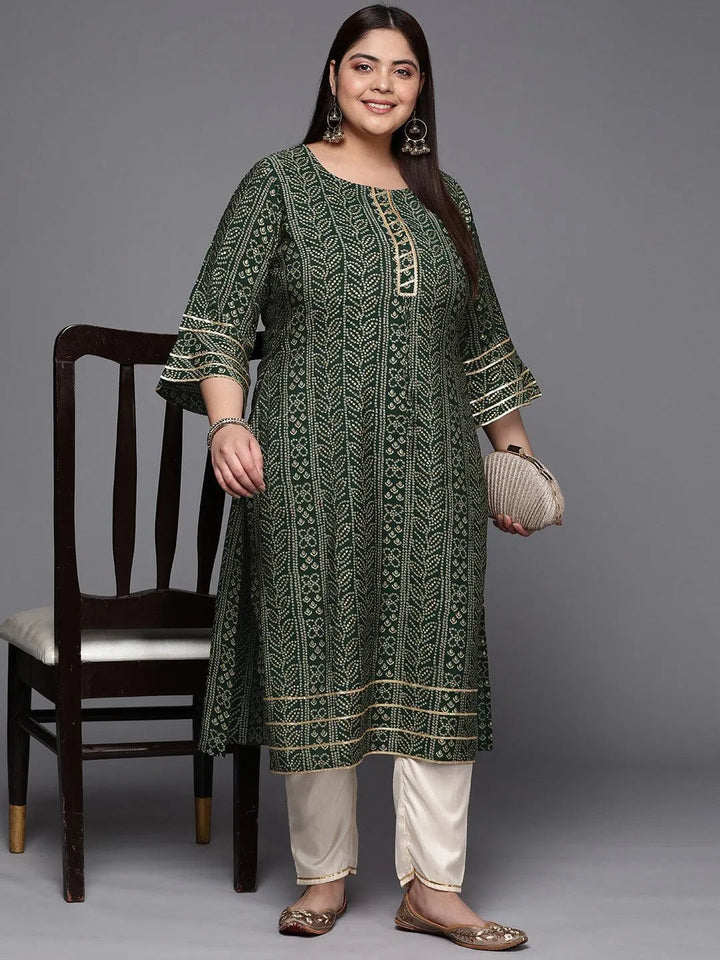 Plus Size Green Printed Silk Straight Kurta - Libas