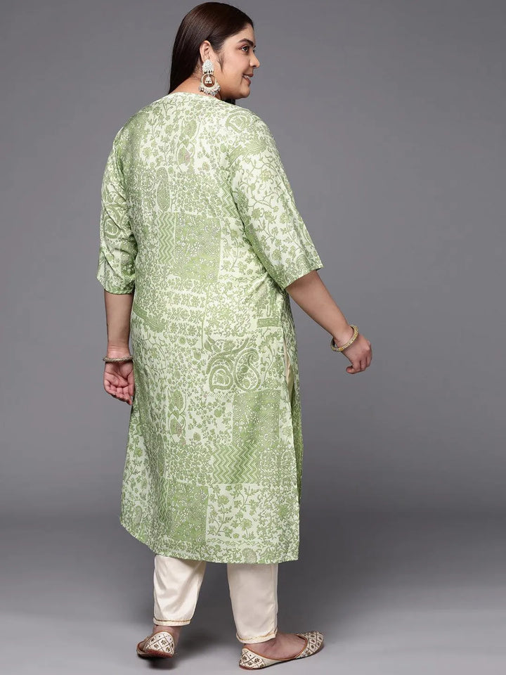 Plus Size Green Printed Silk Straight Kurta - Libas