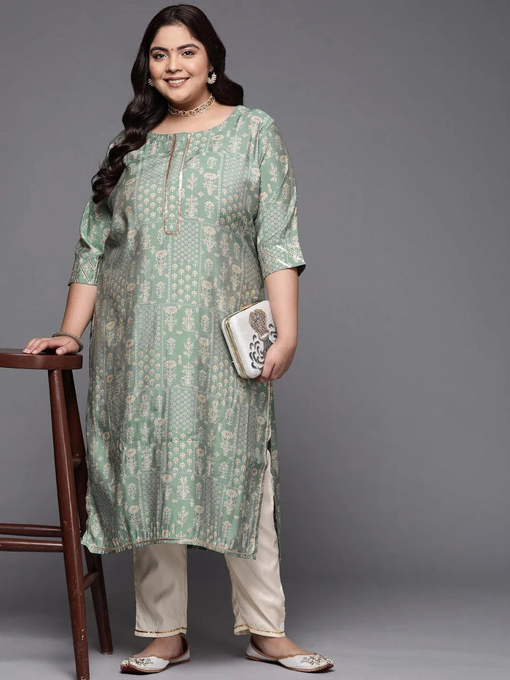 Plus Size Green Printed Silk Straight Kurta - Libas