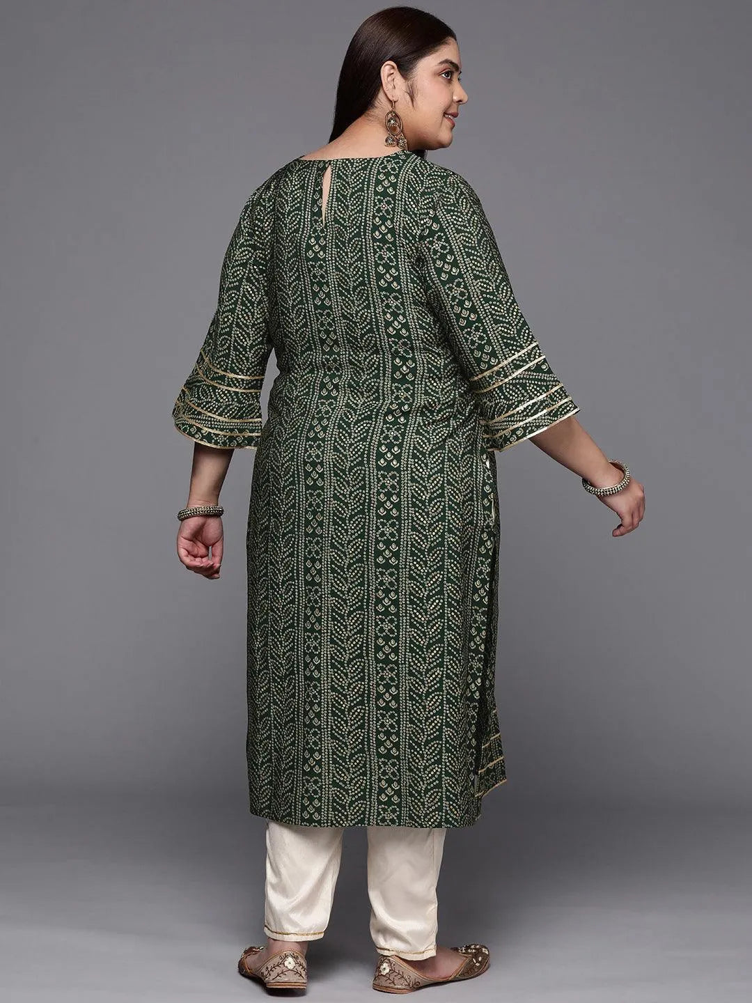 Plus Size Green Printed Silk Straight Kurta - Libas