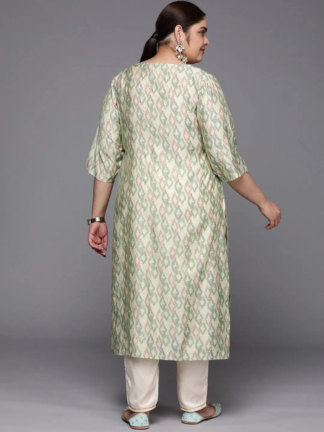 Plus Size Green Printed Silk Straight Kurta - Libas