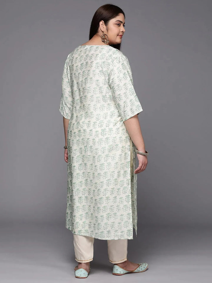 Plus Size Green Printed Silk Straight Kurta - Libas