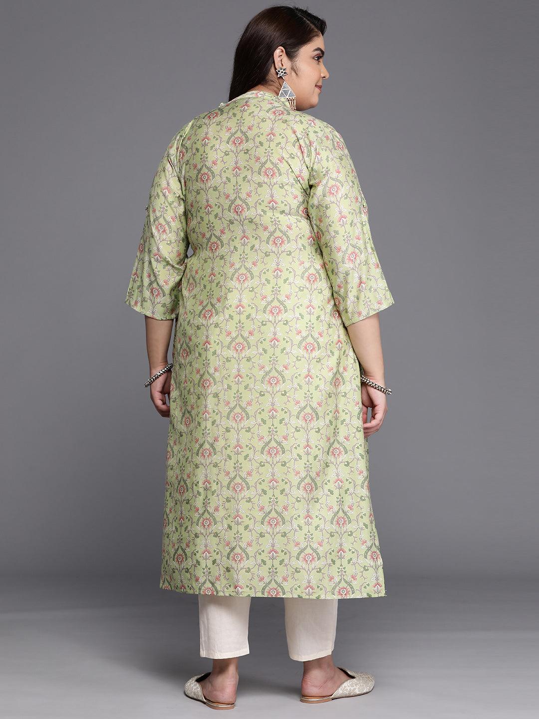 Plus Size Green Printed Silk Straight Kurta - Libas