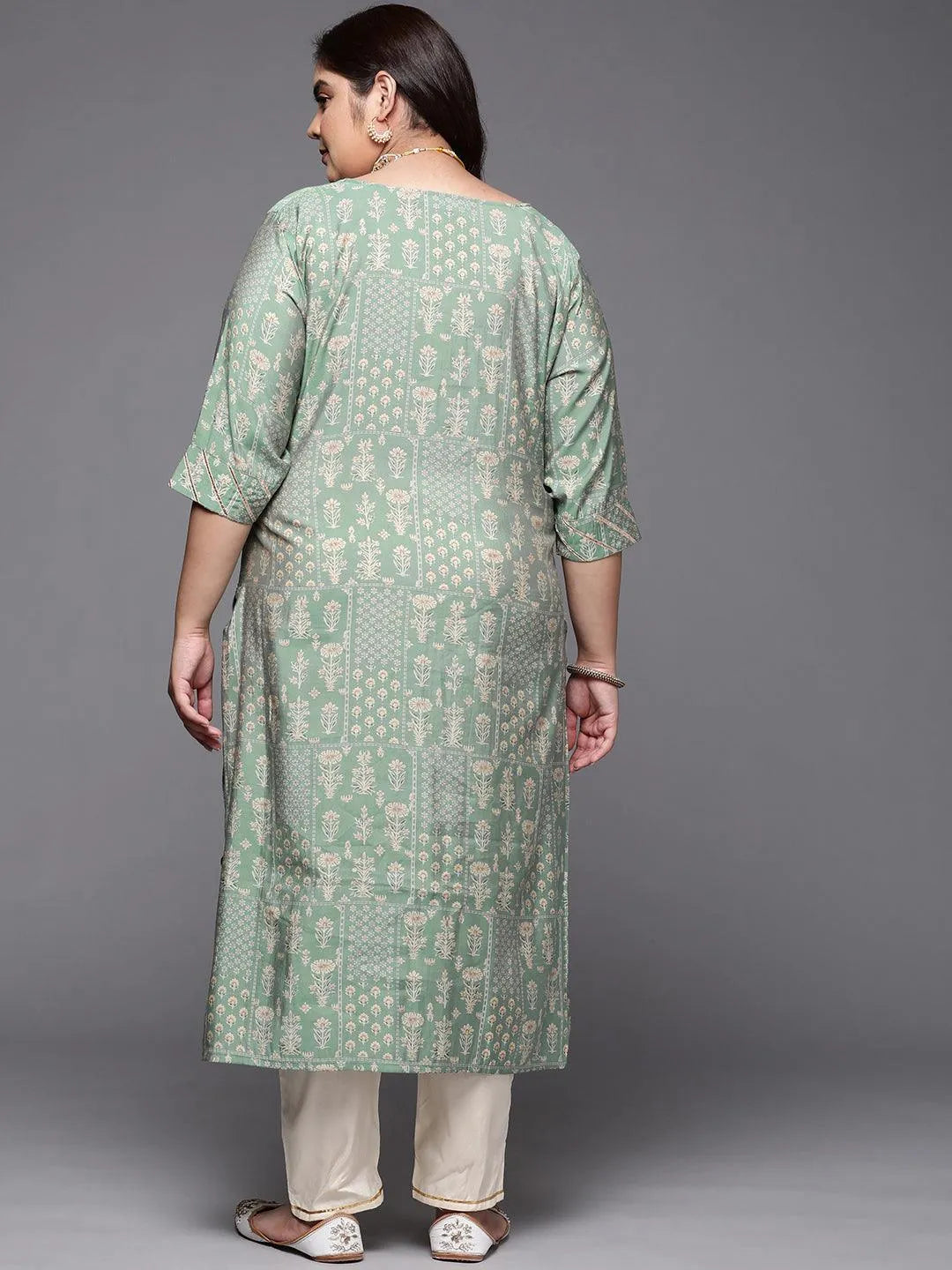 Plus Size Green Printed Silk Straight Kurta - Libas