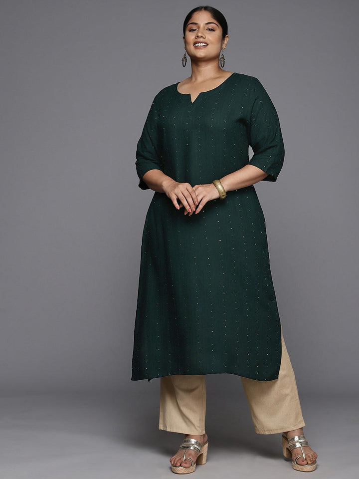 Plus Size Green Rayon Embroidered Straight Kurta - Libas