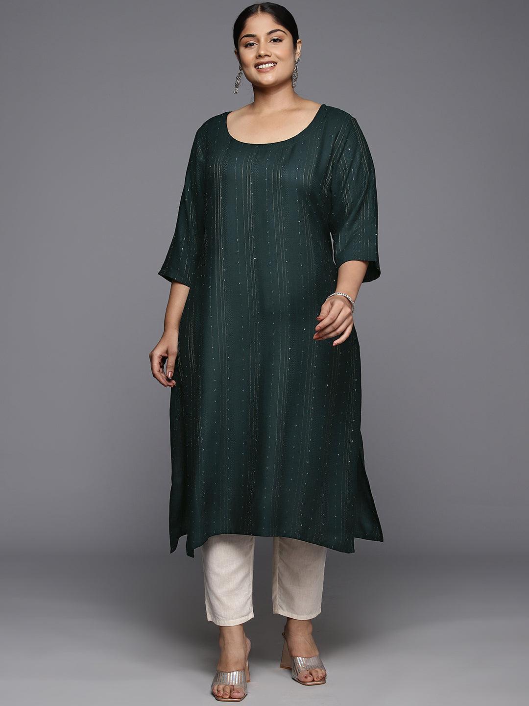 Plus Size Green Rayon Embroidered Straight Kurta - Libas