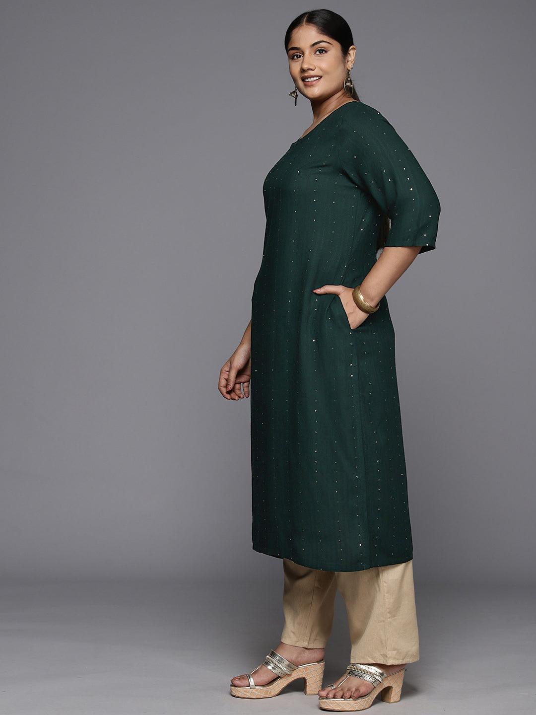 Plus Size Green Rayon Embroidered Straight Kurta - Libas 