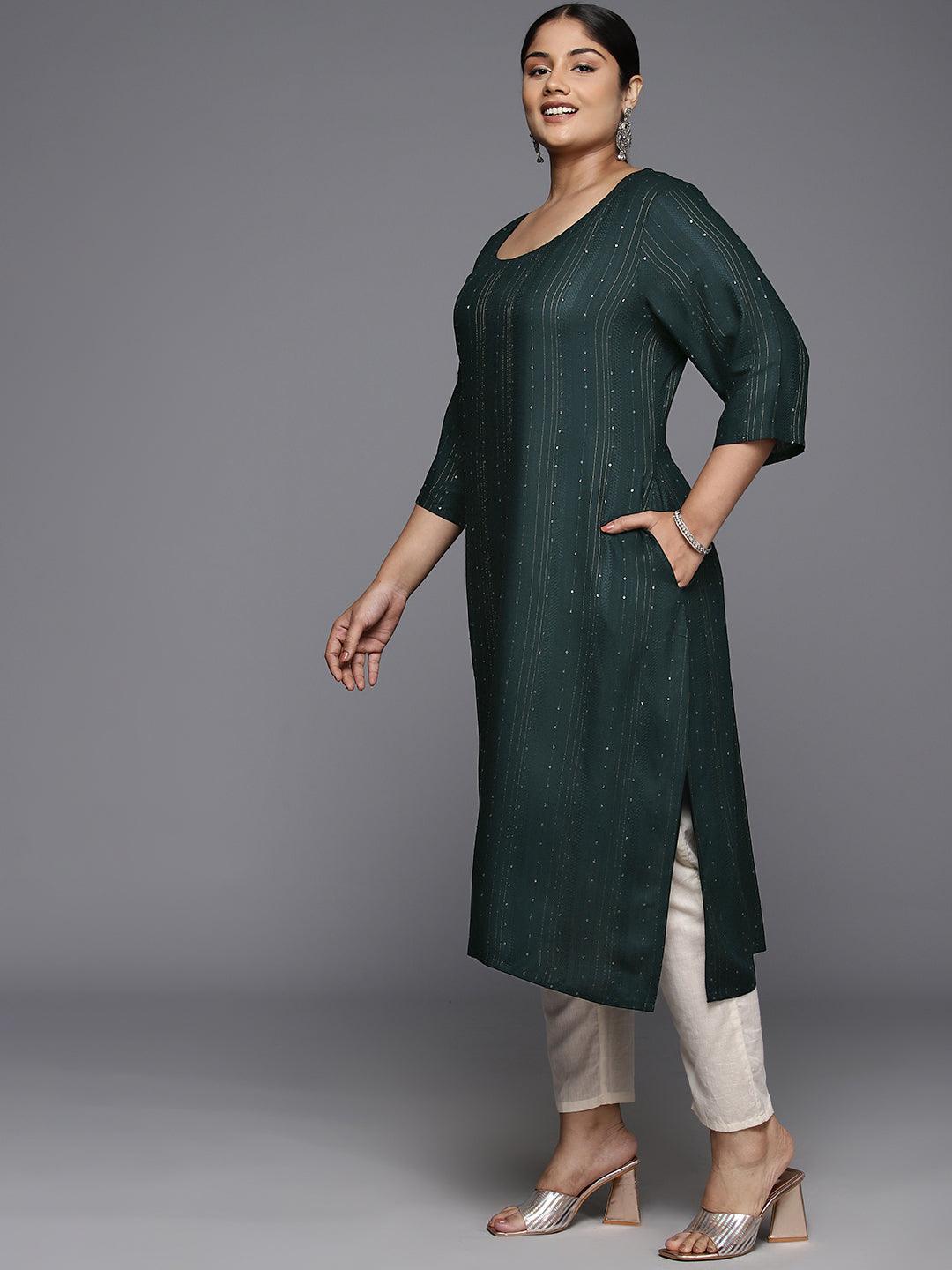 Plus Size Green Rayon Embroidered Straight Kurta - Libas