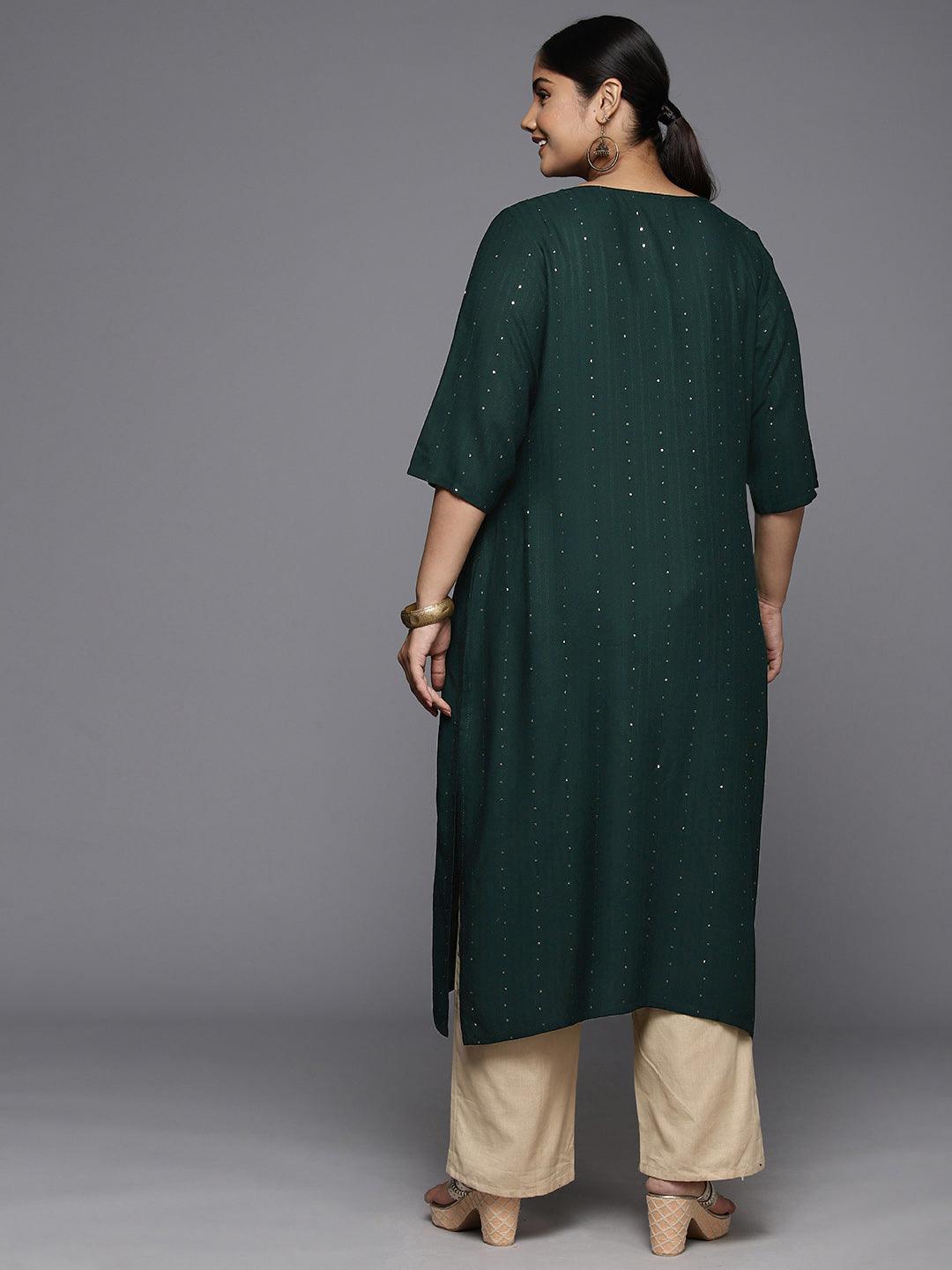 Plus Size Green Rayon Embroidered Straight Kurta - Libas