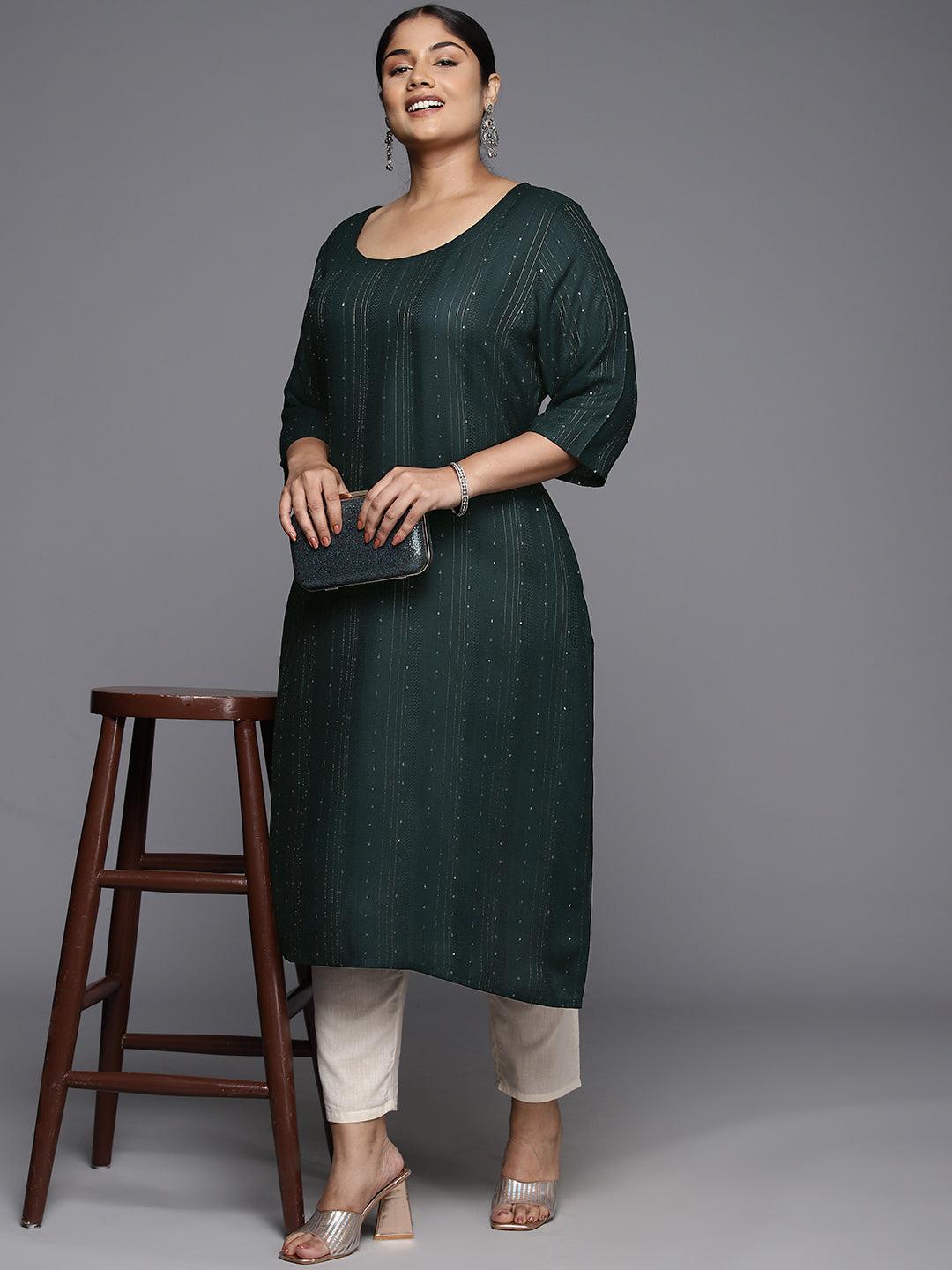 Plus Size Green Rayon Embroidered Straight Kurta - Libas