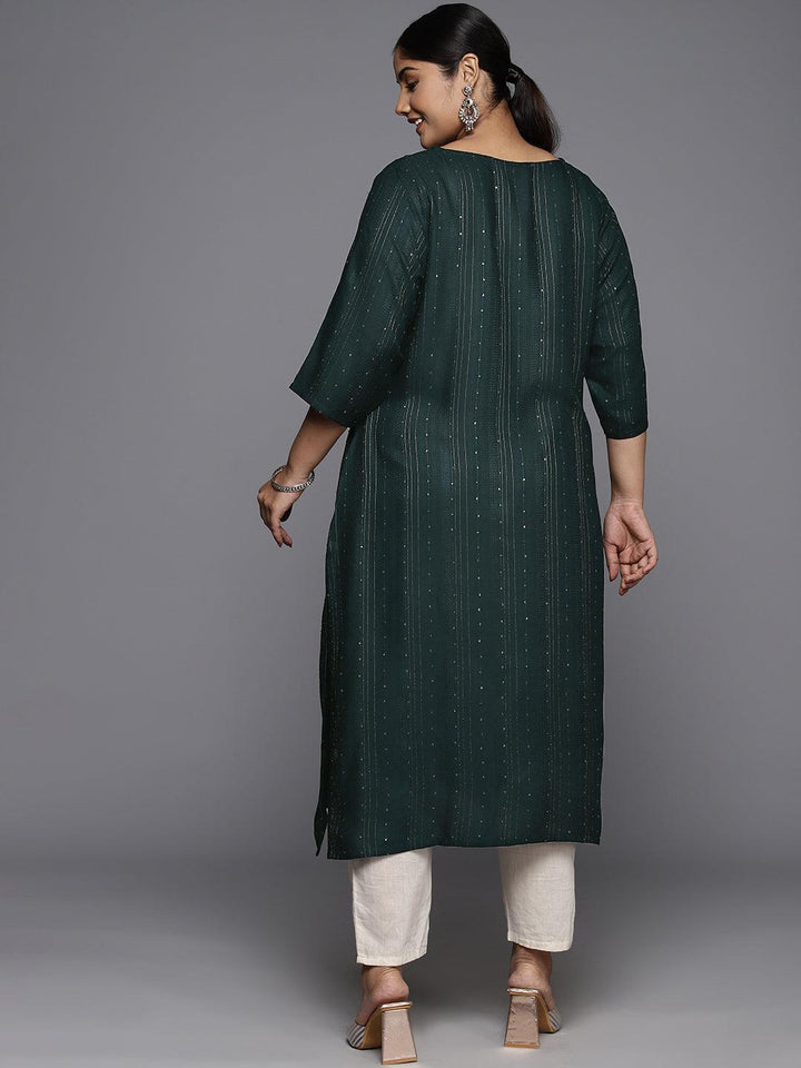 Plus Size Green Rayon Embroidered Straight Kurta - Libas