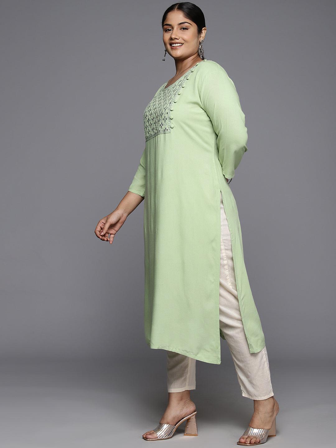 Plus Size Green Rayon Yoke Design Straight Kurta - Libas