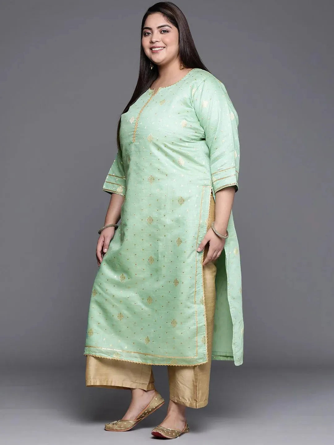 Plus Size Green Self Design Chanderi Silk Straight Kurta - Libas