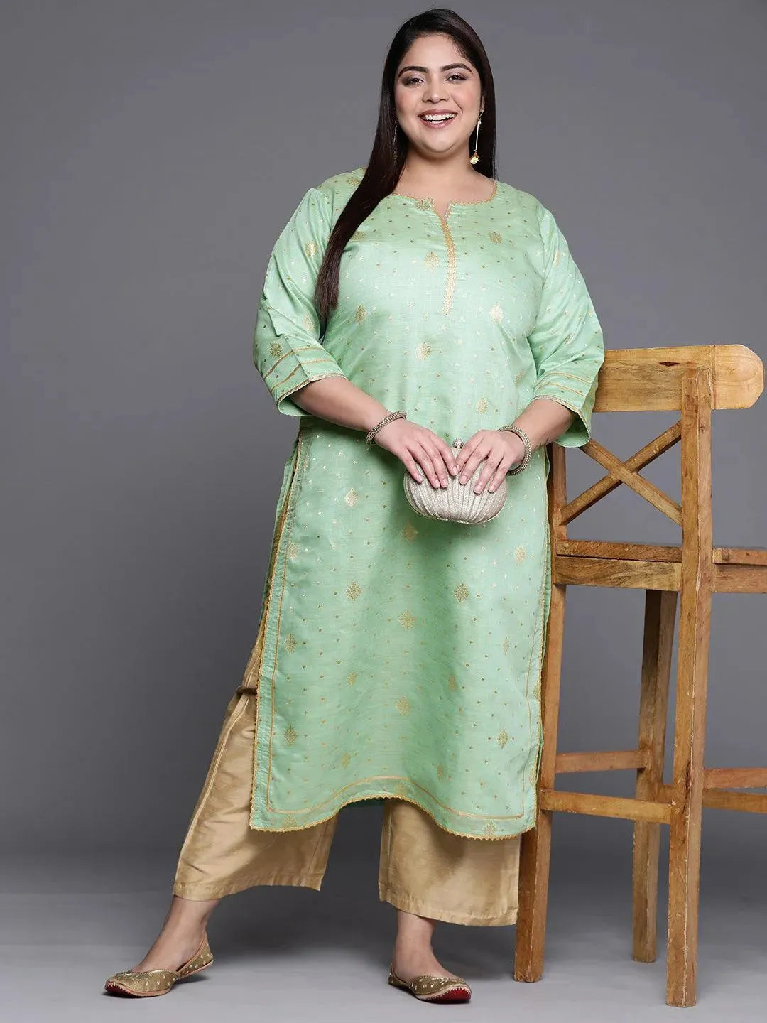 Plus Size Green Self Design Chanderi Silk Straight Kurta - Libas