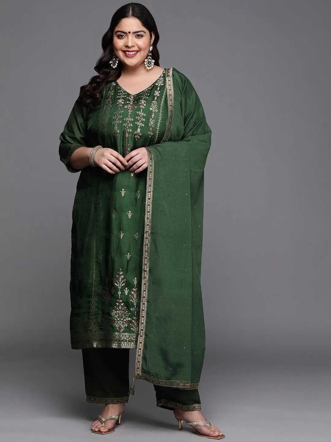 Plus Size Green Self Design Silk Blend Suit Set - Libas 