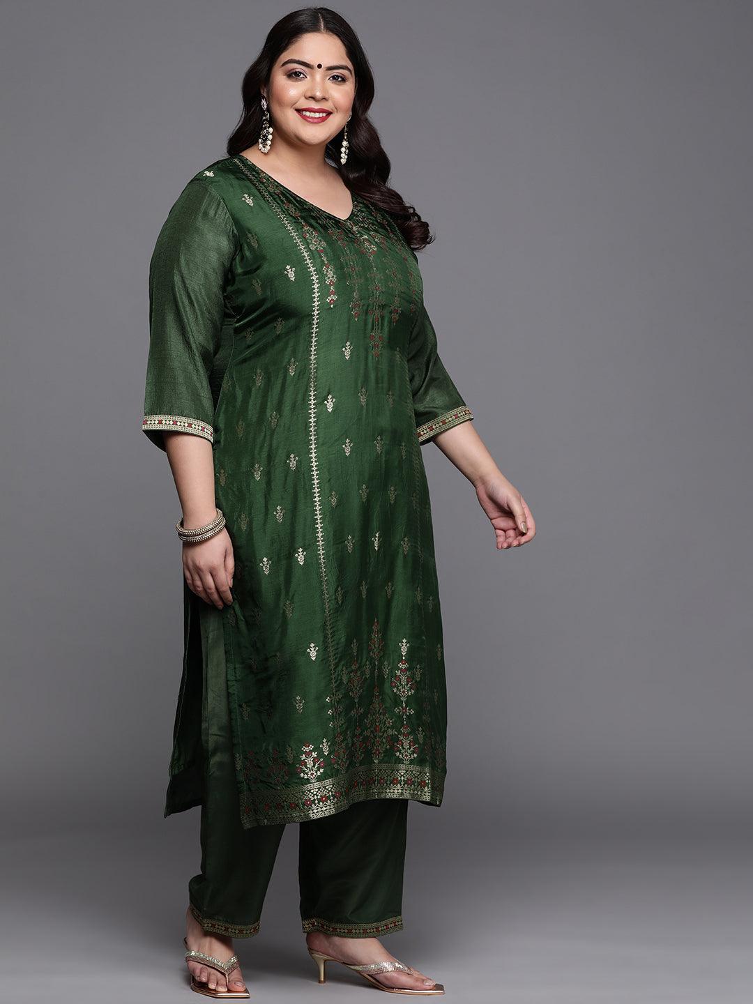 Plus Size Green Self Design Silk Blend Suit Set - Libas 