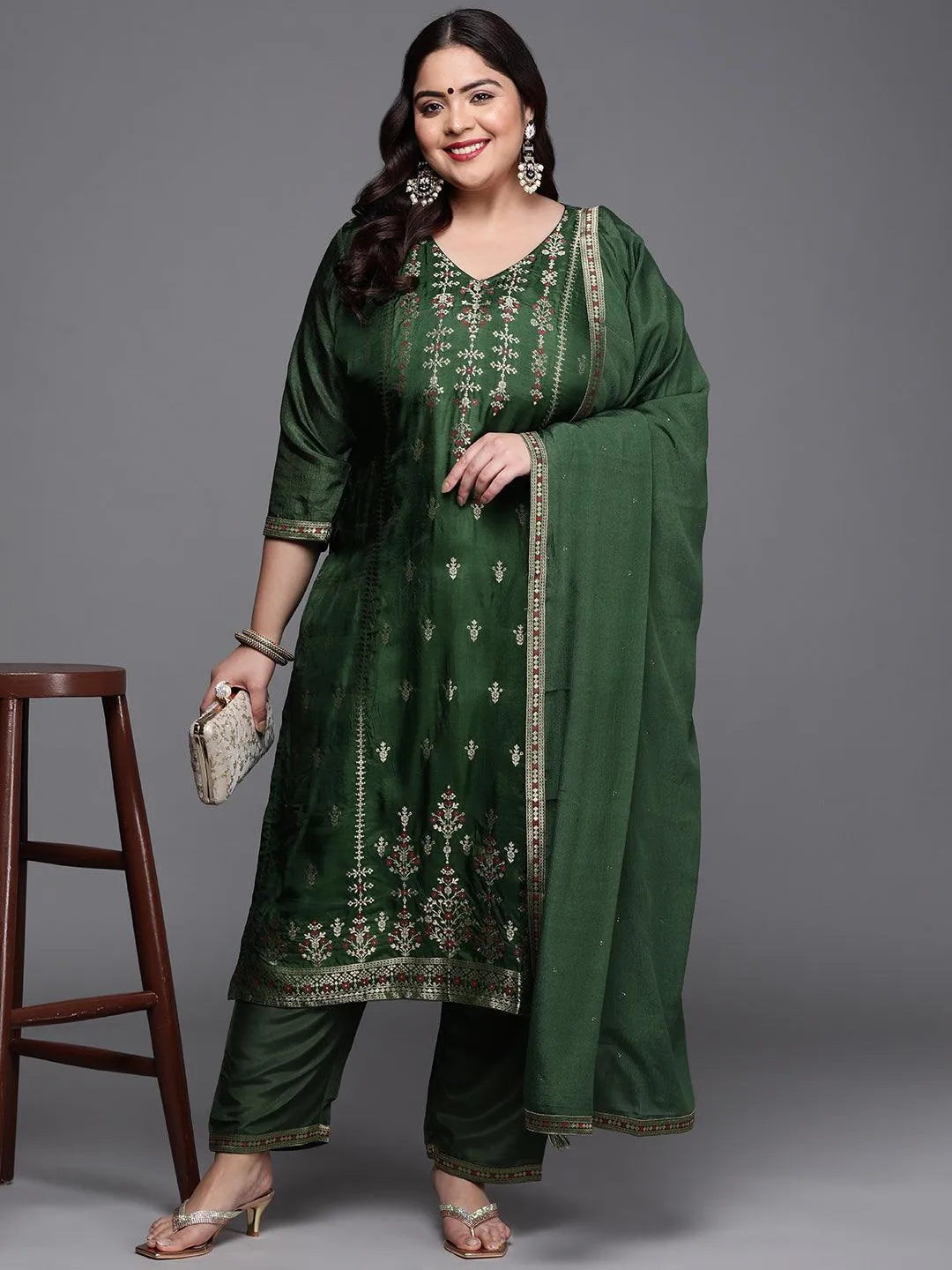 Plus Size Green Self Design Silk Blend Suit Set - Libas 