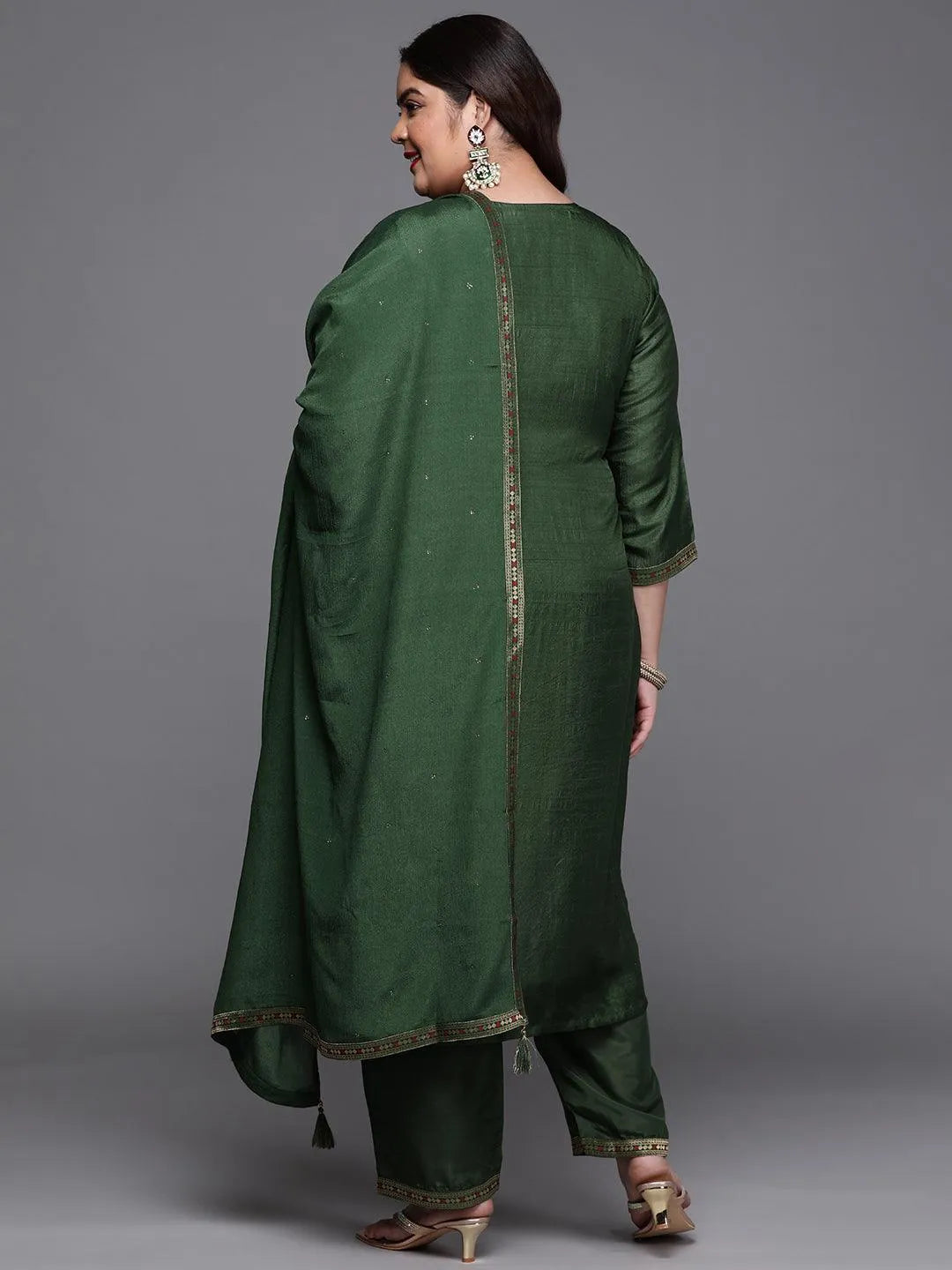 Plus Size Green Self Design Silk Blend Suit Set - Libas 