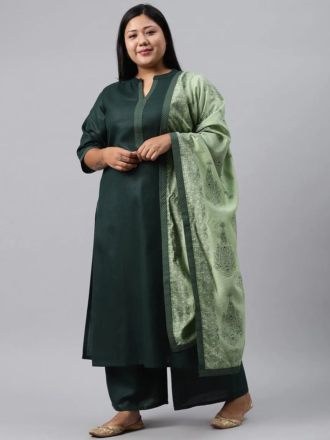 Plus Size Green Solid Cotton Suit Set - Libas